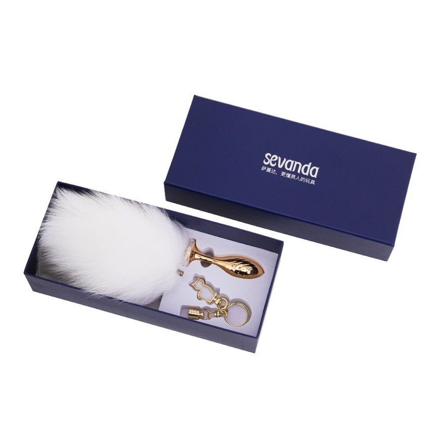 Металева анальна пробка Кролячий хвіст LOCKINK SEVANDA White Bunny-Tail Anal Pear-shape Plug SX0868 фото