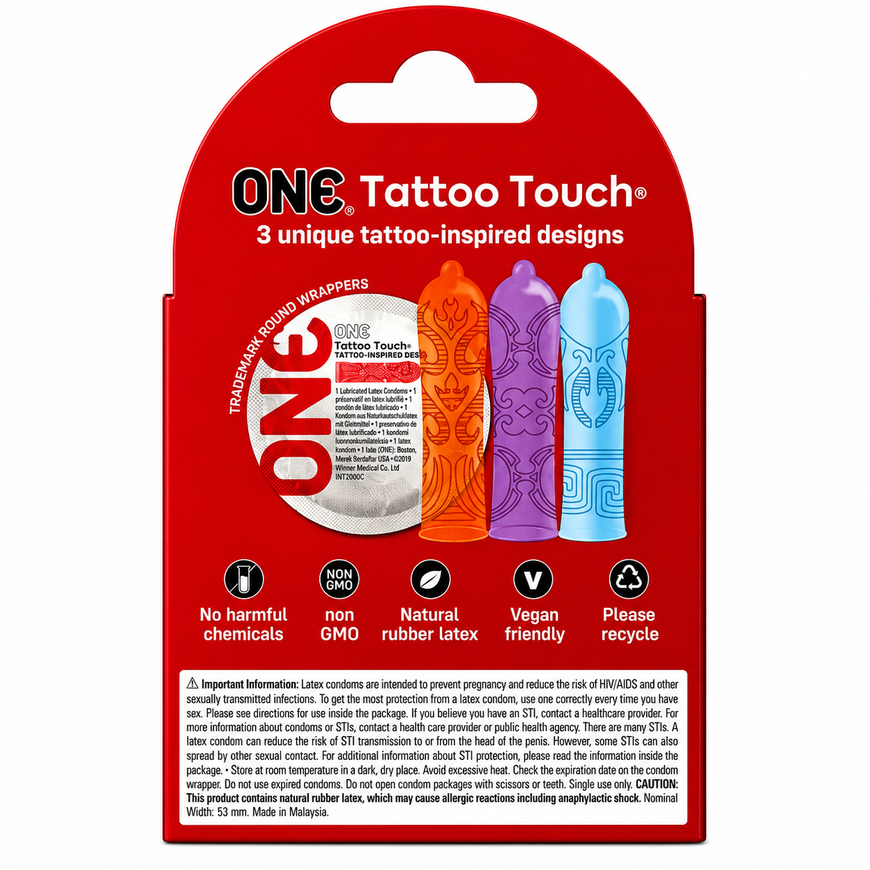 Ребристі презервативи ONE Tattoo Touch з малюнками тату 3 шт ON29 фото