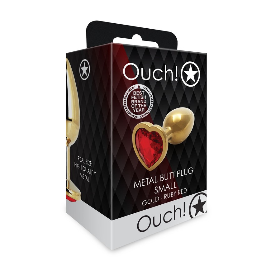 Золотиста металева анальна пробка Ouch! Heart Gem S з червоним кришталиком OU492920 фото