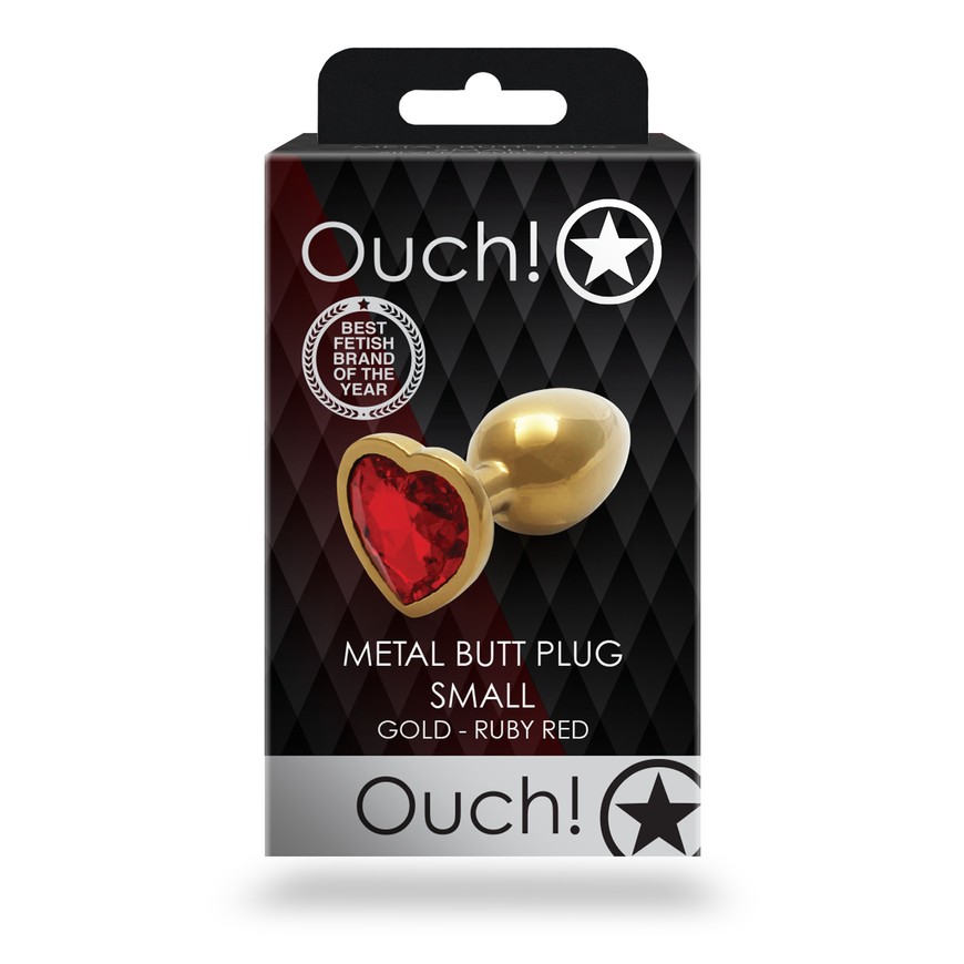 Золотиста металева анальна пробка Ouch! Heart Gem S з червоним кришталиком OU492920 фото