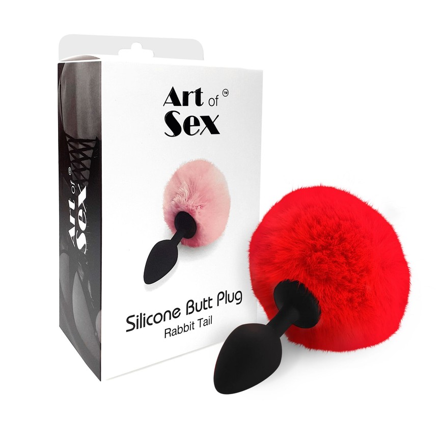 Силіконова анальна пробка Art of Sex Silicone Butt Plug Rabbit Tail Red M SO6964 фото