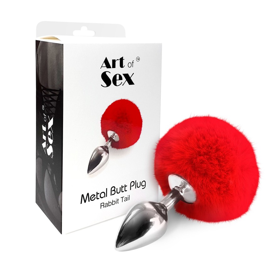 Металева анальна пробка Art of Sex Metal Butt Plug Rabbit Tail Red M SO6963 фото