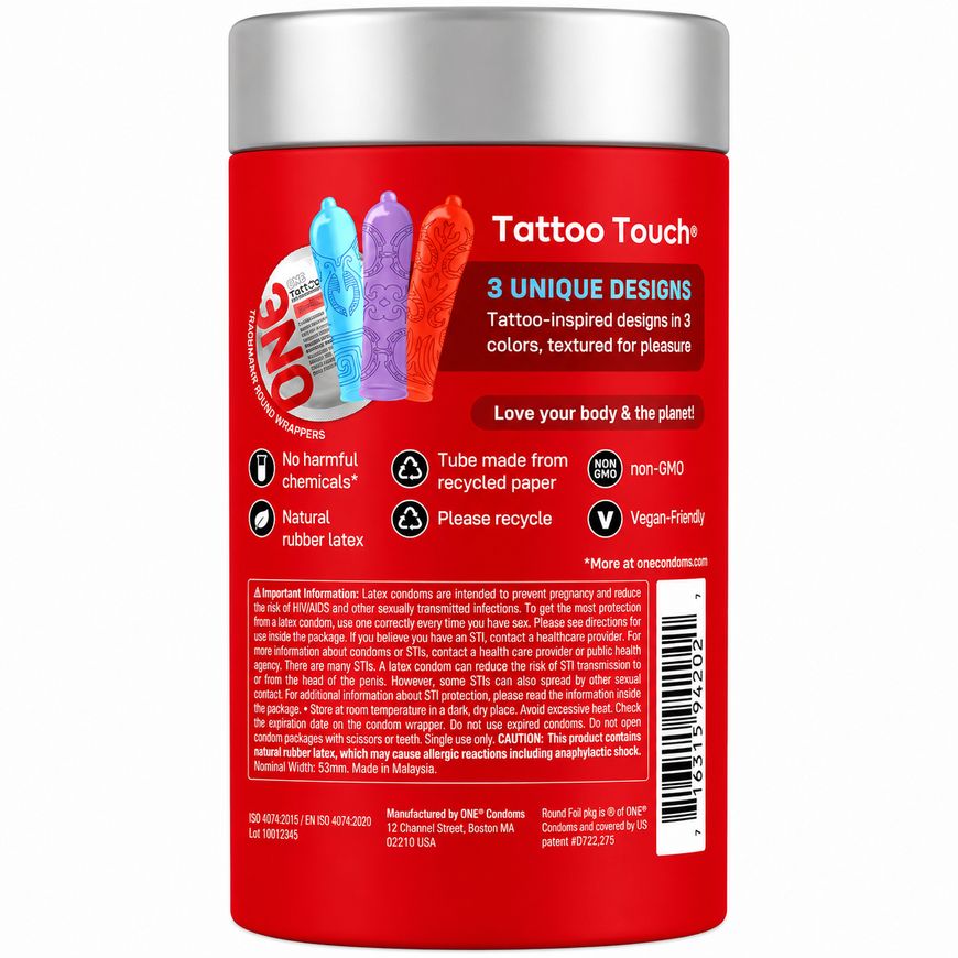 Ребристі презервативи ONE Tattoo Touch з малюнками тату 12 шт ON33 фото